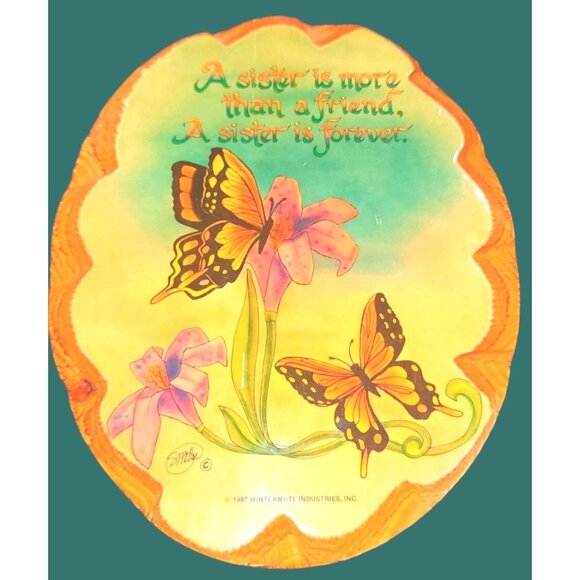 Vintage 1987 Wood Plaque With Butterfly Flower Design Sisters - Picture 1 of 8